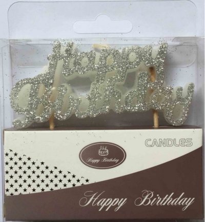 Happy Birthday Silver Glitter Candle 