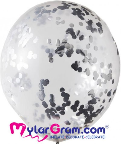 12" Clear Balloon + Silver/Black Confetti (50pcs)