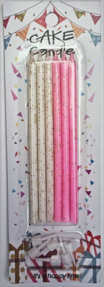 Long Pink/White Sparkling Candles (6)