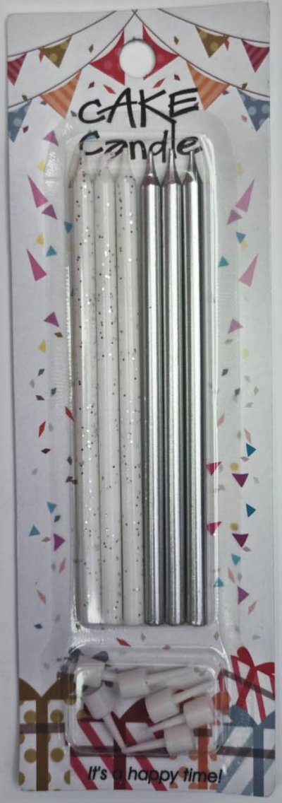 Long Silver/White Sparkling Candles (6)