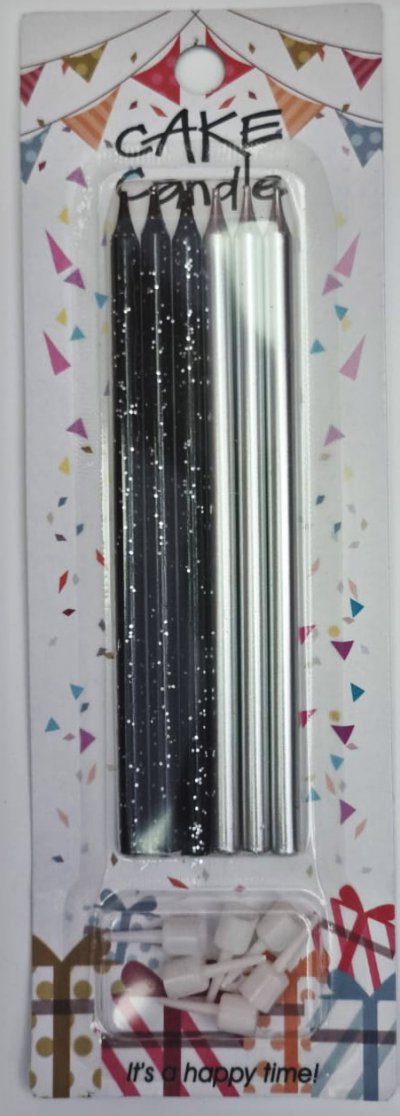 Long Silver/Black Sparkling Candles (6)