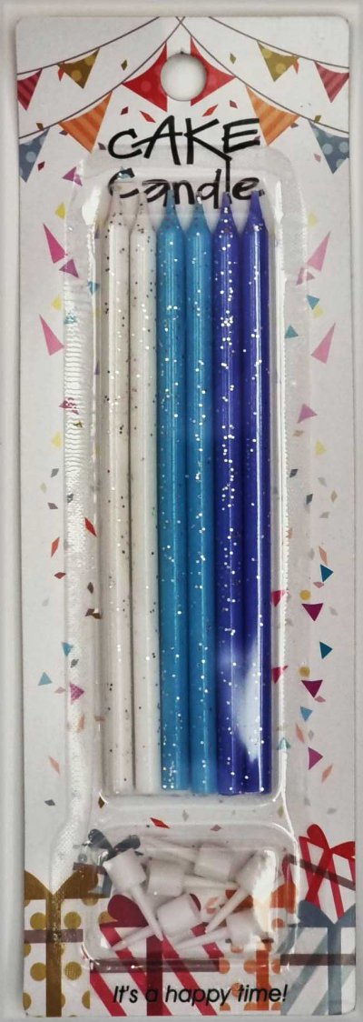 Long Blue/White Sparkling Candles (6)