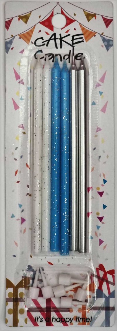 Long Silver/Blue/White Sparkling Candles (6)