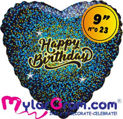 9" HB Glitter Gold/Blue Black Heart Airfilled