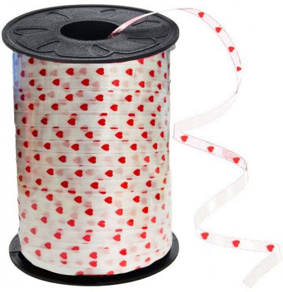 300 Yard White  Curling Ribbon w. Red Hearts